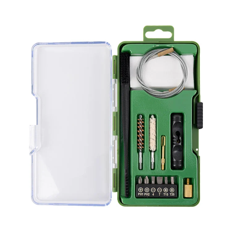 22 LR rifle cleaning kit contents arranged in case with bore brush and cable